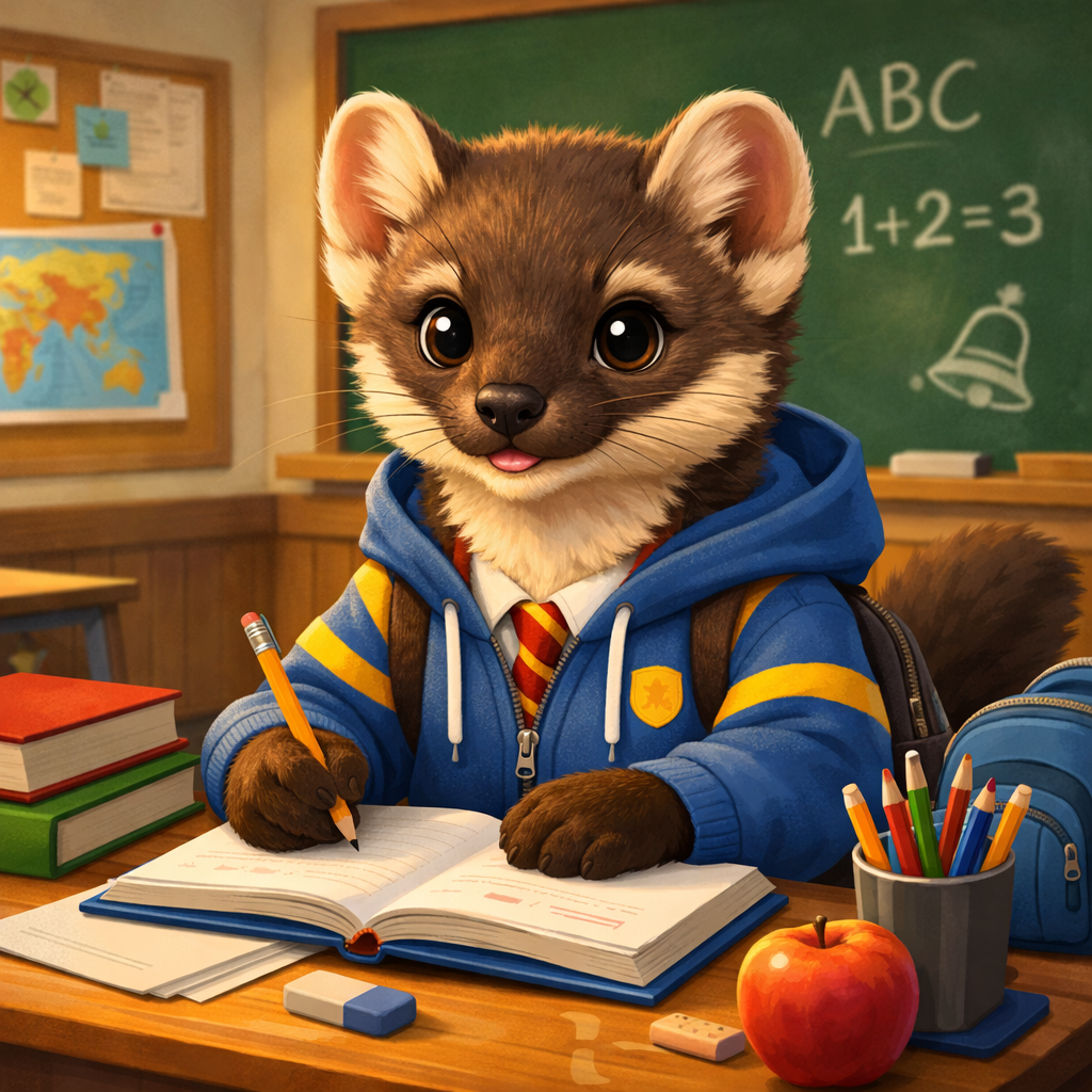 A cute furry animal wearing a blue hoodie writing in a notebook at a school desk