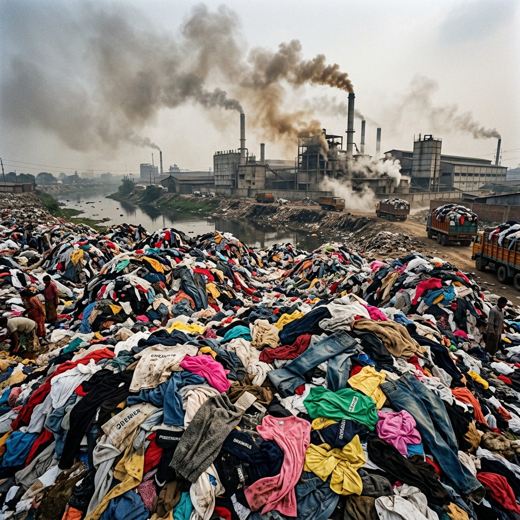 Large heaps of discarded clothes near a factory emitting thick smoke